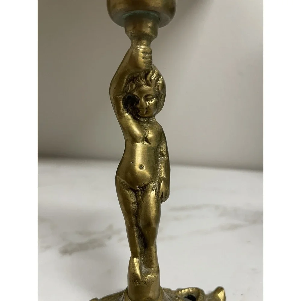Vintage Brass Putti Cherub Candleholder Candle Stick Tripod Base 8.25